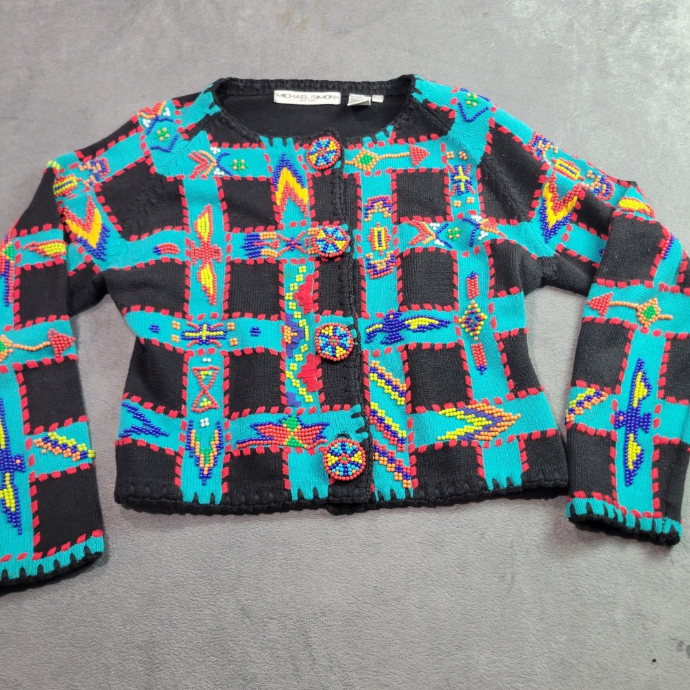 Michael Simon Cardigan Womens Black Turquoise Beaded 1995 Vintage Maximalist Art